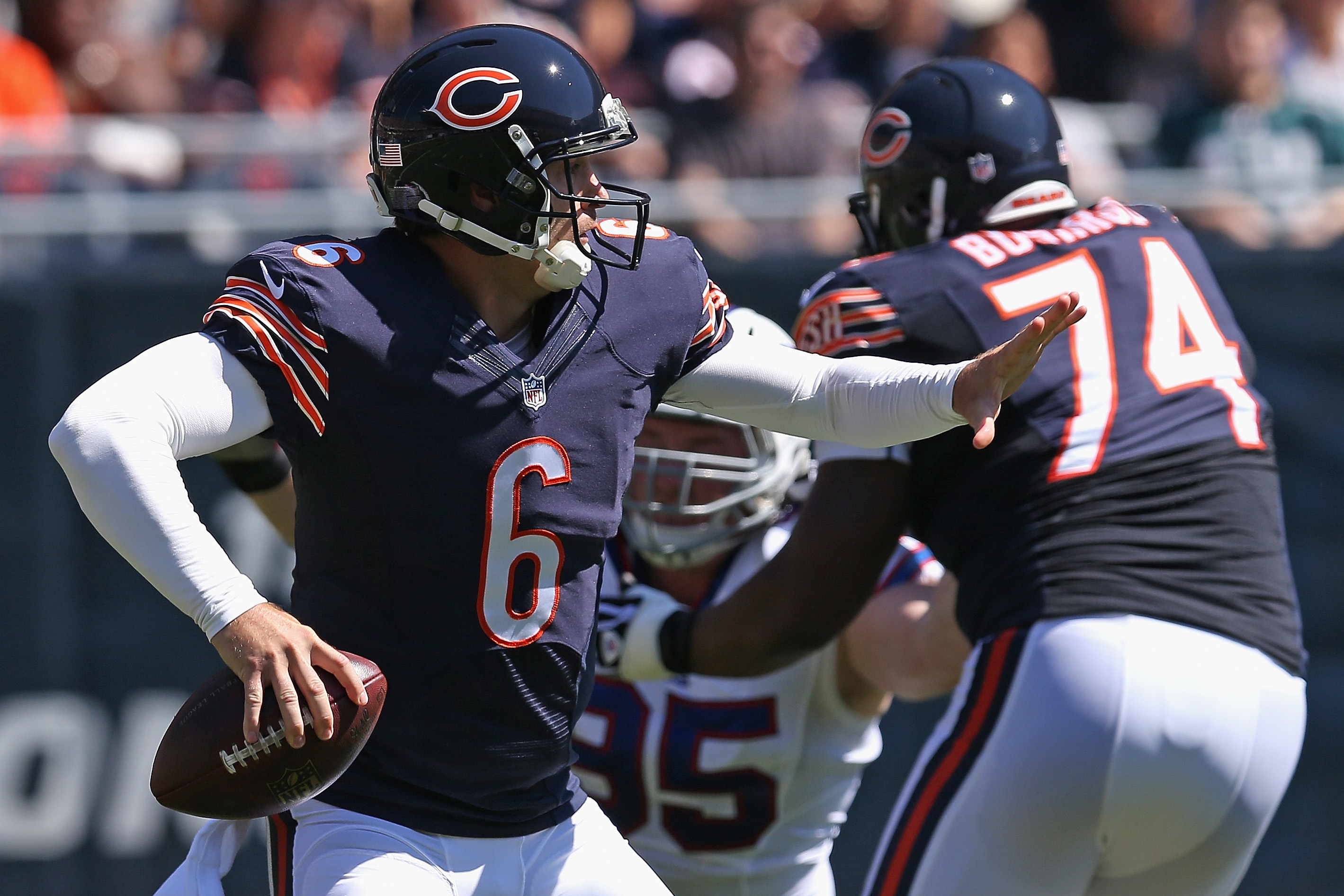 Jay Cutler of the Chicago Bears reacts after a touchdown by Matt News  Photo - Getty Images