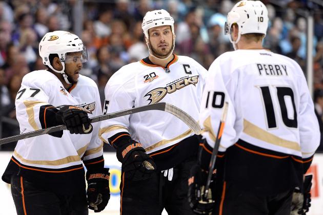 LOS ANGELES, CA - MAY 14:  Devante Smith-Pelly #77 Ryan Getzlaf #15 and Corey Perry #10 of the Anaheim Ducks discuss positions during the third period against the Los Angeles Kings in Game Six of the Second Round of the 2014 NHL Stanley Cup Playoffs at Staples Center on May 14, 2014 in Los Angeles, California.  (Photo by Harry How/Getty Images)