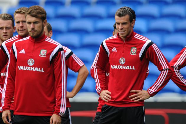 CARDIFF, WALES - SEPTEMBER 03:  Wales players Aaron Ramsey (l) and Gareth Bale look on during a Wales training session at Cardiff City Stadium on September 3, 2014 in Cardiff, Wales.  (Photo by Stu Forster/Getty Images)