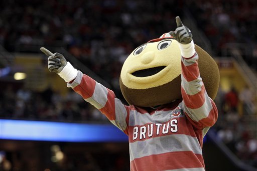 FILE - In this March 20, 2011, file photo, Ohio State mascot Brutus Buckeye performs during an East regional NCAA college basketball tournament third-round game between Ohio State and George Mason in Cleveland. (AP Photo/Tony Dejak, File)