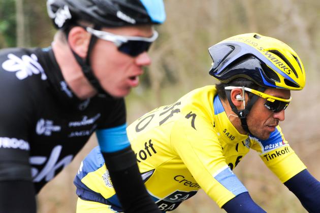 GIRONA, SPAIN - MARCH 25: Christopher Froome (L) of Great Britan and Team Sky and Alberto Contador of Spain and Tinkoff-Saxo Team during the Stage 2 of the Volta a Catalunya on March 25, 2014 in Girona, Spain. (Photo by David Ramos - Velo/Getty Images)