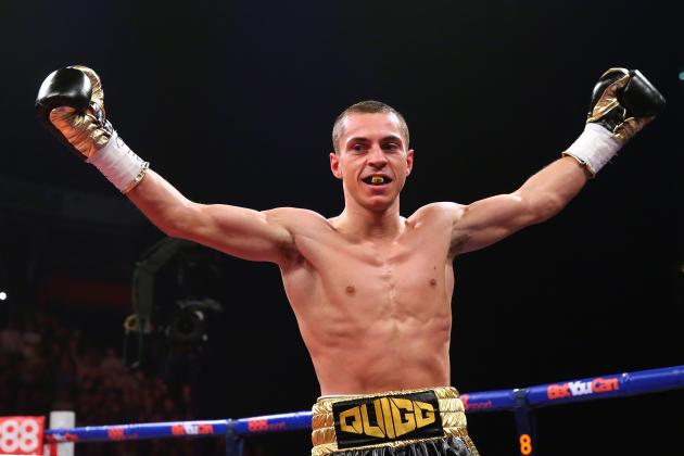 MANCHESTER, ENGLAND - APRIL 19:  Scott Quigg celebrates after knocking out Tshifhiwa Munyai during the WBA World Super Bantamweight Title fight between Scott Quigg and Tshifhiwa Munyai at MEN Arena on April 19, 2014 in Manchester, England.  (Photo by Alex Livesey/Getty Images)