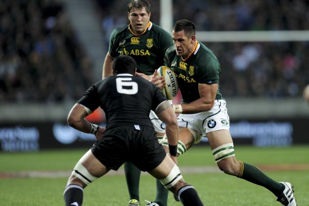 Jerome Kaino of the All Blacks left with Willem Alberts of the Springboks centre and Pierre Spies of the Springboks, right, during their Tri Nations Rugby match in Port Elizabeth, South Africa, Saturday Aug. 20 2011. Morne Steyn kicked all of South Africa's points in a pressure-releasing 18-5 win over New Zealand in Tri-Nations rugby on Saturday. (AP Photo)