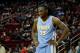 Apr 6, 2014; Houston, TX, USA; Denver Nuggets forward Kenneth Faried (35) reacts to a play during the second quarter against the Houston Rockets at Toyota Center. Mandatory Credit: Andrew Richardson-USA TODAY Sports