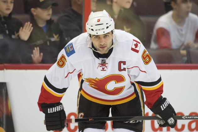 Mar 30, 2014; Ottawa, Ontario, CAN; Calgary Flames defenseman Mark Giordano (5) during warmup prior to the game against the Ottawa Senators at Canadian Tire Centre. Mandatory Credit: Marc DesRosiers-USA TODAY Sports