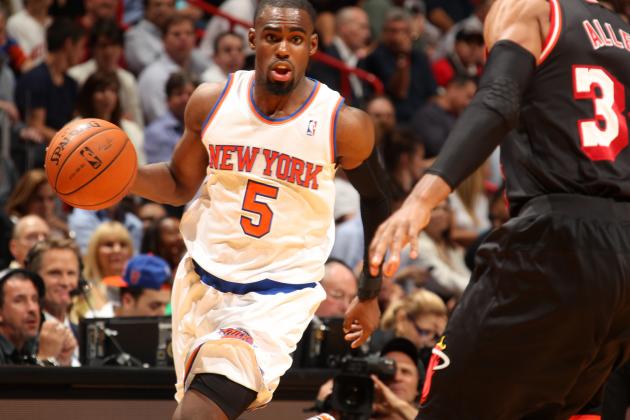 MIAMI, FL - February 27: Tim Hardaway Jr. #5 of the New York Knicks handling the ball during a game against the Miami Heat at the American Airlines Arena in Miami, Florida on Feb. 27, 2014. NOTE TO USER: User expressly acknowledges and agrees that, by downloading and/or using this photograph, user is consenting to the terms and conditions of the Getty Images License Agreement. Mandatory copyright notice: Copyright NBAE 2014 (Photo by Issac Baldizon/NBAE via Getty Images)