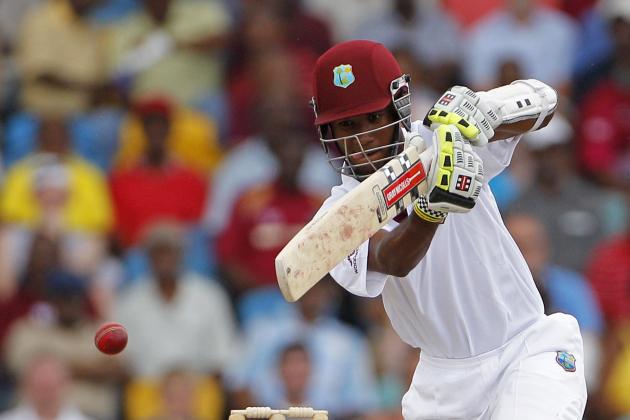 West Indies' opening batsman Kraigg Brathwaite plays a shot during the opening day of the first cricket Test match against Australia in Bridgetown, Barbados, Saturday April 7, 2012. (AP Photo/Andres Leighton)