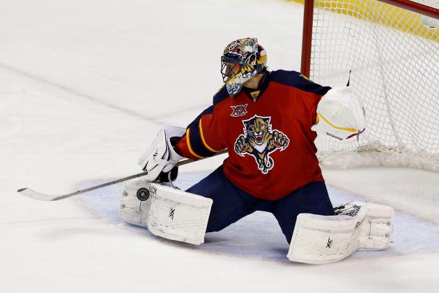 Apr 6, 2014; Sunrise, FL, USA; Florida Panthers goalie Roberto Luongo (1) makes a save in the third period of a game against the Dallas Stars at BB&T Center. Mandatory Credit: Robert Mayer-USA TODAY Sports