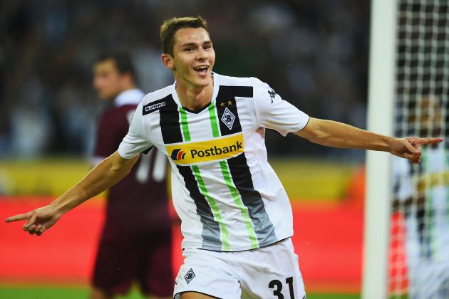 MOENCHENGLADBACH, GERMANY - AUGUST 28: Branimir Hrgota of Borussia Moenchengladbach scores the third goal during the UEFA Europa League Qualifying Play-Offs Round second leg match between Borussia Moenchengladbach and FK Sarajevo at Borussia-Park on August 28, 2014 in Moenchengladbach, Germany. (Photo by Dennis Grombkowski/Getty Images)