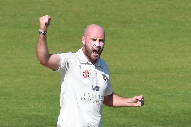 CHESTER-LE-STREET, ENGLAND - SEPTEMBER 02: Chris Rushworth of Durham celebrates taking the wicket of Steven Mullaney (unseen) of Nottinghamshire during the LV County Championship match between Durham and Nottinghamshire at The Riverside on September 2, 2014 in Chester-le-Street, England. (Photo by Nigel Roddis/Getty Images)