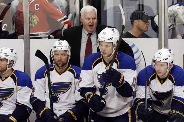 St. Louis Blues head coach Ken Hitchcock yells his team during the third period in Game 6 of a first-round NHL hockey playoff series against the Chicago Blackhawks in Chicago, Sunday, April 27, 2014. The Blackhawks won 5-1. (AP Photo/Nam Y. Huh)