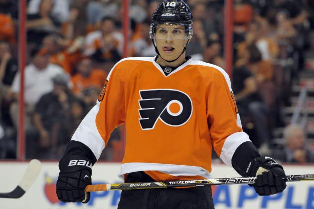 Oct 2, 2013; Philadelphia, PA, USA; Philadelphia Flyers center Brayden Schenn (10) during the first period against the Toronto Maple Leafs at the Wells Fargo Center. Mandatory Credit: Eric Hartline-USA TODAY Sports