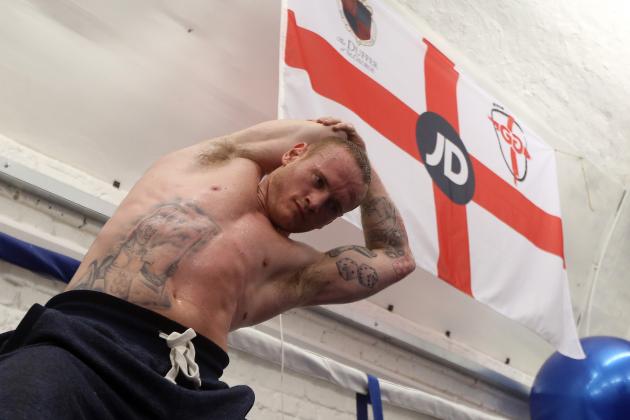 LONDON, ENGLAND - SEPTEMBER 16: George Groves stretches out at the end of his session during the George Groves media work out on September 16, 2014 in London, England. (Photo by Charlie Crowhurst/Getty Images)