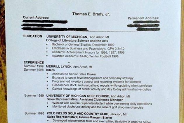 tom brady shows off professional resume from before he was drafted