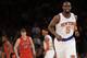 New York Knicks' Tim Hardaway Jr. (5) smiles during the second half of an NBA basketball game against the Toronto Raptors Wednesday, April 16, 2014, in New York. The Knicks won the game 95-92. (AP Photo/Frank Franklin II)