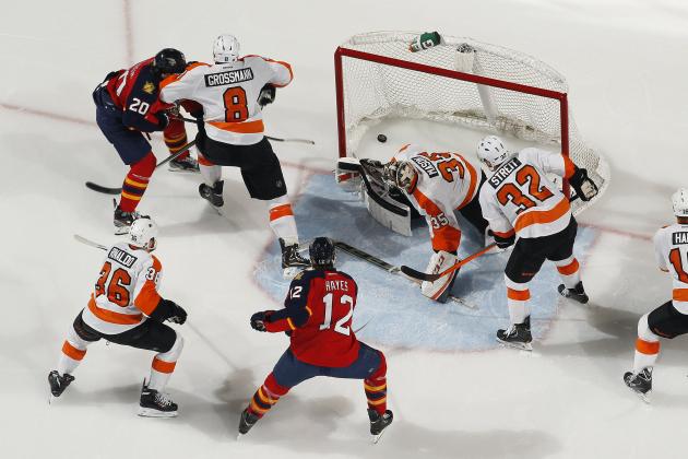 SUNRISE, FL - NOVEMBER 25: Sean Bergenheim #20 of the Florida Panthers scores a goal past Goaltender Steve Mason #35 of the Philadelphia Flyers at the BB&T Center on November 25, 2013 in Sunrise, Florida. The Panthers defeated the Flyers 3-1. (Photo by Joel Auerbach/Getty Images)