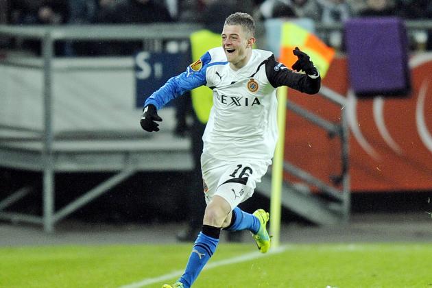 Brugge's Maxime Lestienne celebrates after scoring during the Europa League round of 32, first leg soccer match between Hanover 96 and Club Brugge in Hanover, Germany, Thursday, Feb. 16, 2012. (AP Photo/Martin Meissner)
