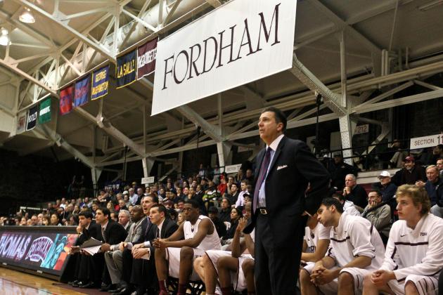 Feb. 6, 2013; Bronx, NY, USA; Fordham Rams head coach Tom Pecora stands on the sidelines against the Saint Louis Billikens during the second half at Rose Hill Gym. St. Louis won 90-73. Mandatory Credit: Debby Wong-USA TODAY Sports