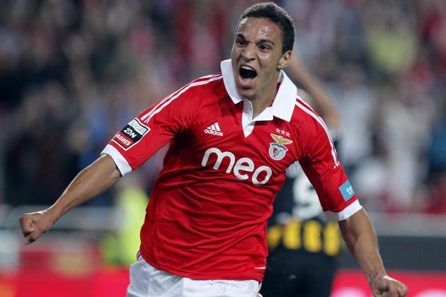 Benfica's Rodrigo Moreno, from Spain, celebrates after scoring his team's second goal during their Portuguese league soccer match against Beira-Mar at Benfica's Luz stadium in Lisbon, Saturday, Oct. 6, 2012. (AP Photo/Francisco Seco)