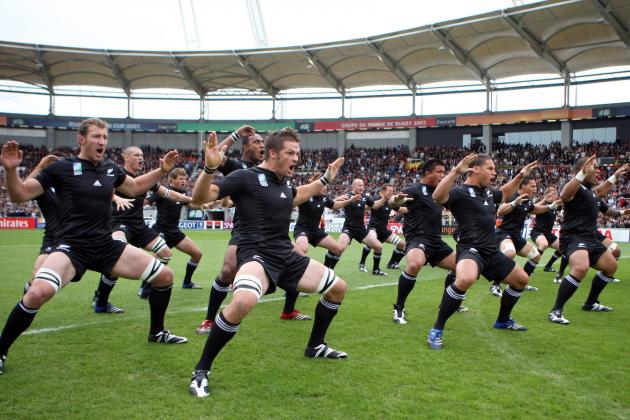 The New Zealand All Blacks perform their pre-match Haka before their Rugby World Cup Group C match against Romania, Saturday, Sept. 29, 2007 in Toulouse, southwestern France. (AP Photo/Ross Land, pool)