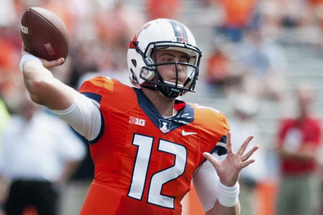 FILE - In this Aug. 30, 2014, file photo, Illinois quarterback Wes Lunt throws the ball in the second half of an NCAA college football game against Youngstown State in Champaign, Ill. This season Lunt looks like two different quarterbacks in the first and second halves. He struggles to find receivers in the first half and in the second half he is a strong-armed game-saver who finds receivers downfield for touchdowns, delivering well over 200 yards a half and three comeback wins. (AP Photo/Bradley Leeb, File)