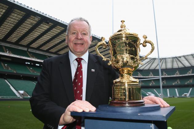 LONDON, ENGLAND - NOVEMBER 27: Bill Beaumont, the RFU Chairman, poses with the Webb Ellis Cup during the England 2015 Rugby World Cup Ticketing and Times launch on November 27, 2013 in London, England. (Photo by David Rogers/Getty Images)