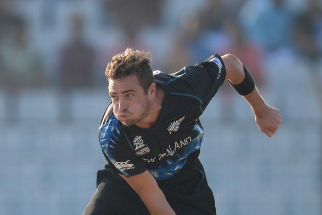 CHITTAGONG, BANGLADESH - MARCH 24: Tim Southee of New Zealand bowls during the ICC World Twenty20 Bangladesh 2014 Group 1 match between New Zealand and South Africa at Zahur Ahmed Chowdhury Stadium on March 24, 2014 in Chittagong, Bangladesh. (Photo by Gareth Copley/Getty Images)