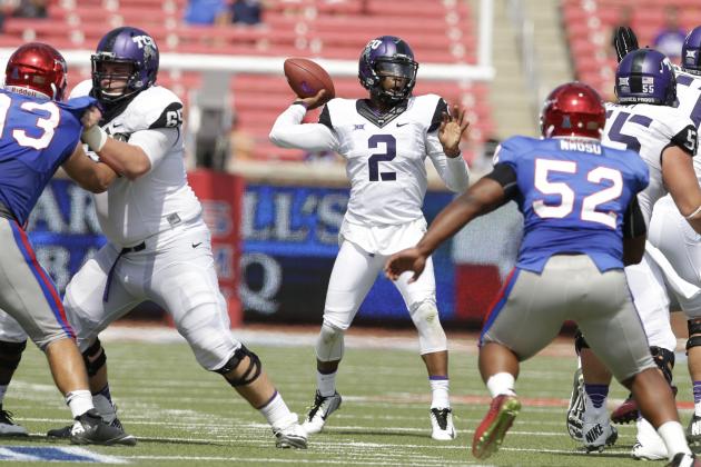 TCU quarterback Trevone Boykin (2) passes during the second half of an NCAA college football game against SMU Saturday, Sept. 27, 2014, in Dallas. (AP Photo/LM Otero)