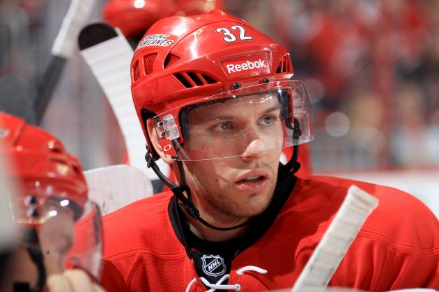 RALEIGH, NC - APRIL 03: Zach Boychuk #32 of the Carolina Hurricanes looks on from the bench area during their NHL game against the Dallas Stars at PNC Arena on April 3, 2014 in Raleigh, North Carolina. (Photo by Gregg Forwerck/NHLI via Getty Images)