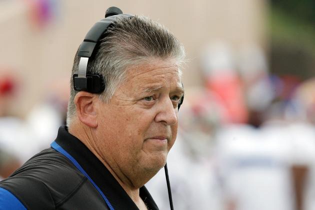 Sep 13, 2014; Durham, NC, USA; Kansas Jayhawks head coach Charlie Weis on the sidelines against the Duke Blue Devils at Wallace Wade Stadium. Mandatory Credit: Mark Dolejs-USA TODAY Sports