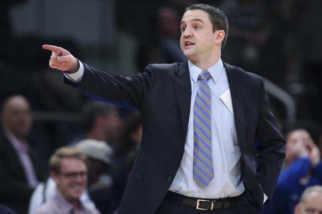 Butler head coach Brandon Miller directs his players from the bench during the second half of an NCAA men's college basketball game against Seton Hall in the first round of the Big East basketball tournament at Madison Square Garden, Wednesday, March 12, 2014, in New York. Seton Hall defeated Butler, 51-50. (AP Photo/John Minchillo)