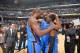 MEMPHIS, TN - APRIL 26: Kevin Durant #35 of the Oklahoma City Thunder hugs his teammate Reggie Jackson #15 against the Memphis Grizzlies Thunder in Game Four of the Western Conference Quarterfinals during the 2014 NBA Playoffs on April 26, 2014 at FedExForum in Memphis, Tennessee. NOTE TO USER: User expressly acknowledges and agrees that, by downloading and or using this photograph, User is consenting to the terms and conditions of the Getty Images License Agreement. Mandatory Copyright Notice: Copyright 2014 NBAE (Photo by Jesse D. Garrabrant/NBAE via Getty Images)