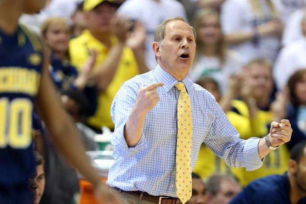 Jan 25, 2014; East Lansing, MI, USA; Michigan Wolverines head coach John Beilein  reacts to a play during the 2nd half of a game at Jack Breslin Student Events Center. Michigan won 80-75. Mandatory Credit: Mike Carter-USA TODAY Sports