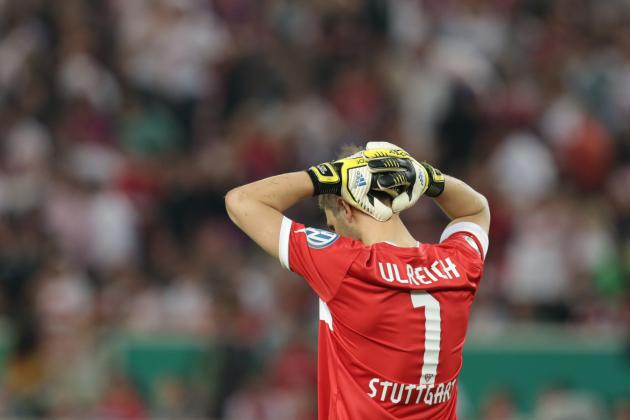 Stuttgart goalkeeper Sven Ulreich reacts during their German Soccer Cup (DFB Pokal) semi final match between VfB Stuttgart and FC Freiburg, in Stuttgart, southern Germany, Wednesday, April 17, 2013. Stuttgart won 2-1. (AP Photo/Matthias Schrader)