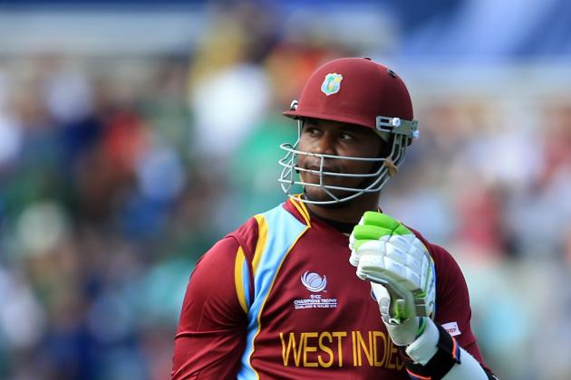 LONDON, ENGLAND - JUNE 07:  Marlon Samuels of West Indies walks off after being stumped during the ICC Champions Trophy group B match between West Indies and Pakistan at The Oval on June 7, 2013 in London, England.  (Photo by Richard Heathcote/Getty Images)
