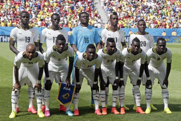 Ghana's players pose for photos during the group G World Cup soccer match between Portugal and Ghana at the Estadio Nacional in Brasilia, Brazil, Thursday, June 26, 2014. (AP Photo/Marcio Jose Sanchez)