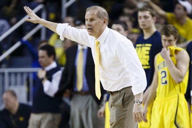 Feb 16, 2014; Ann Arbor, MI, USA; Michigan Wolverines head coach John Beilein reacts on the sidelines in the second half against the Wisconsin Badgers at Crisler Arena. The Badgers won 75-62. Mandatory Credit: Rick Osentoski-USA TODAY Sports
