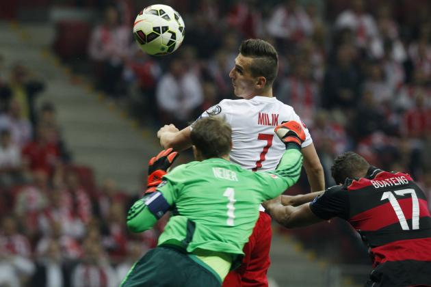 Poland's Arkadiusz Milik, center, scores the opening goal past Germany's goalkeeper Manuel Neuer, left, and Jerome Boateng during a Euro 2016 group D qualifying soccer match between Poland and Germany in Warsaw, Poland,Saturday, Oct. 11, 2014. (AP Photo/Czarek Sokolowski)