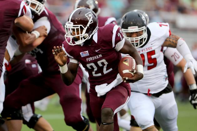 Fordham Rams Chase Edmonds #22 in action against the St, Francis (PA) Red Flash during a college football game on Saturday, August 30, 2014 in the Bronx, NY. The Rams beat the Red Flash 53-22. (AP Photo/Gregory Payan)