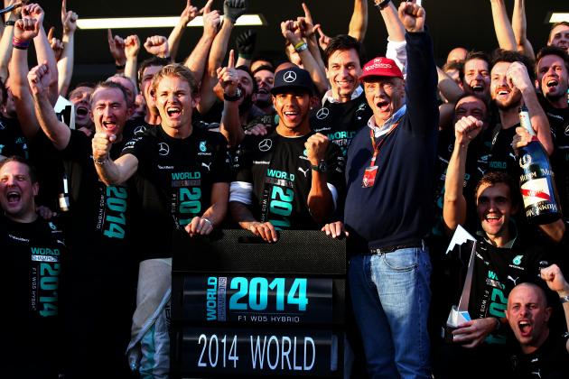 SOCHI, RUSSIA - OCTOBER 12:  Lewis Hamilton of Great Britain and Mercedes GP, Nico Rosberg of Germany and Mercedes GP, Mercedes GP Executive Director Toto Wolff and Niki Lauda, non-executive chairman of Mercedes GP celebrate with the team after becoming the 2014 World Constructors Champions during the Russian Formula One Grand Prix at Sochi Autodrom on October 12, 2014 in Sochi, Russia.  (Photo by Mark Thompson/Getty Images)