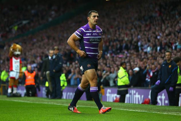 MANCHESTER, ENGLAND - OCTOBER 11: Ben Flower of Wigan walks from the pitch after receiving a red card during the First Utility Super League Grand Final match between St Helens and Wigan Warriors at Old Trafford on October 11, 2014 in Manchester, England.  (Photo by Michael Steele/Getty Images)