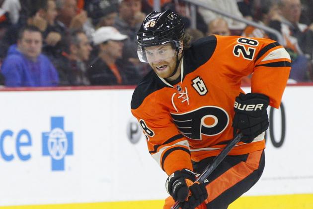 Philadelphia Flyers' Claude Giroux  in action during the second period of an NHL hockey game against the Montreal Canadiens, Saturday, Oct. 11, 2014, in Philadelphia. The Canadians won 4-3 in the shootout. (AP Photo/Chris Szagola)