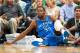 Oct 10, 2014; Dallas, TX, USA; Oklahoma City Thunder forward Kevin Durant (35) is knocked to the floor during the first half against the Dallas Mavericks at the American Airlines Center. Mandatory Credit: Jerome Miron-USA TODAY Sports
