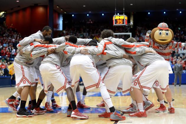 DAYTON, OH - MARCH 24:  The Ohio State Buckeyes huddle prior to the start of the game against the Iowa State Cyclones during the third round of the 2013 NCAA Men's Basketball Tournament at UD Arena on March 24, 2013 in Dayton, Ohio.  (Photo by Jason Miller/Getty Images)