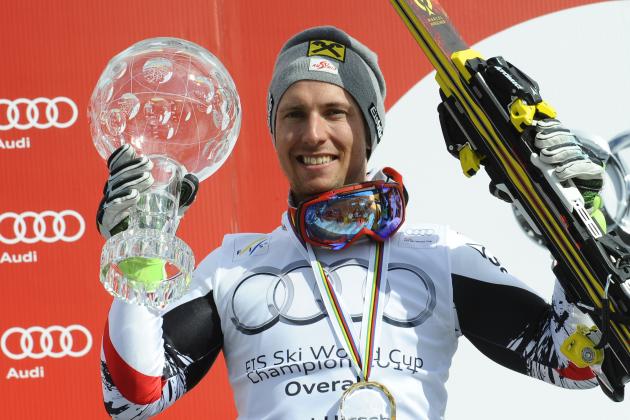 LENZERHEIDE, SWITZERLAND - MARCH 16: (FRANCE OUT) Marcel Hirscher of Austria wins the overall World Cup globe during the Audi FIS Alpine Ski World Cup Finals on March 16, 2014 in Lenzerheide, Switzerland. (Photo by Alain Grosclaude/Agence Zoom/Getty Images)