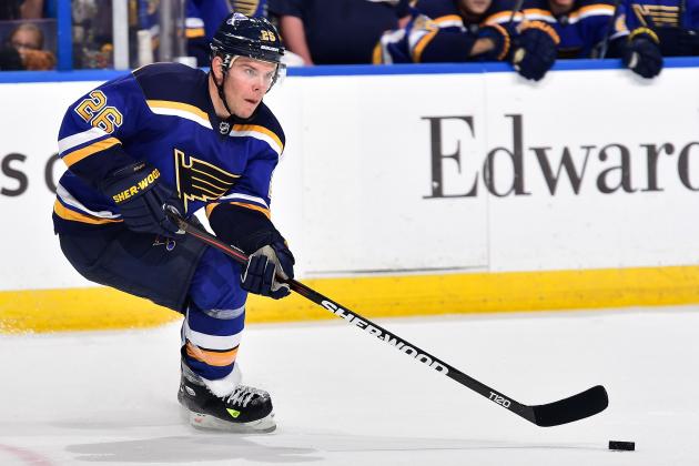 ST. LOUIS, MO - OCTOBER 11: Paul Stastny #26 of the St. Louis Blues handles the puck against the Calgary Flames on October 11, 2014 at Scottrade Center in St. Louis, Missouri. (Photo by Scott Rovak/NHLI via Getty Images)