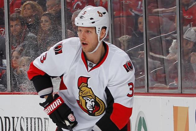 NEWARK, NJ - FEBRUARY 18:  Mark Methot #3 of the Ottawa Senators plays the puck against the New Jersey Devils during the game at the Prudential Center on February 18, 2013 in Newark, New Jersey. (Photo by Andy Marlin/NHLI via Getty Images)