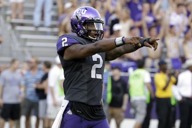 TCU quarterback Trevone Boykin celebrates a touchdown against Texas Tech in the second half of an NCAA college football game, Saturday, Oct. 25, 2014, in Fort Worth, Texas. (AP Photo/Tony Gutierrez)