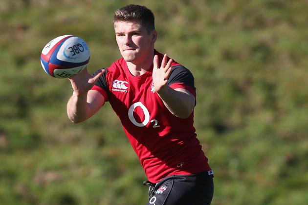 BAGSHOT, ENGLAND - OCTOBER 28: Owen Farrell catches the ball during the England media session held at Pennyhill Park on October 28, 2014 in Bagshot, England. (Photo by David Rogers/Getty Images)