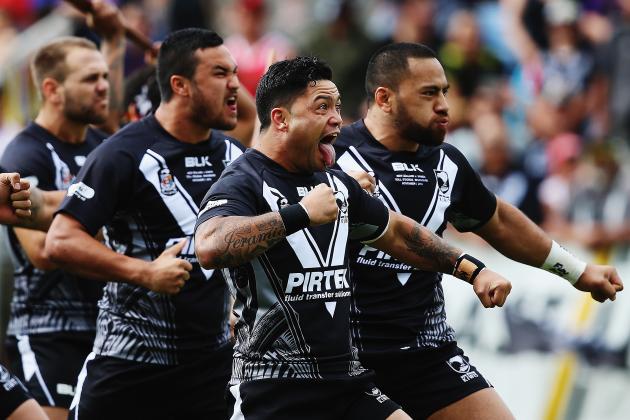 WHANGAREI, NEW ZEALAND - NOVEMBER 01: Issac Luke of New Zealand leads the haka prior to the Four Nations match between the New Zealand Kiwis and Samoa at Toll Stadium on November 1, 2014 in Whangarei, New Zealand.  (Photo by Hannah Peters/Getty Images)